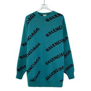 Balenciaga Blue Logo Virgin Wool Round-Neck Long-Sleeve Knitted Sweater XS Made